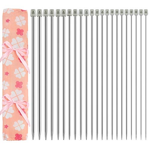 Hysagtek 22 Pcs Knitting Needles Set, 14 Inches Stainless Steel Straight Single Pointed Knitting Needle Kit Metal Knitting Kit in Different Sizes 2.0mm to 8.0mm, with Gift Organizer Bag, 11 Pairs - Image 1