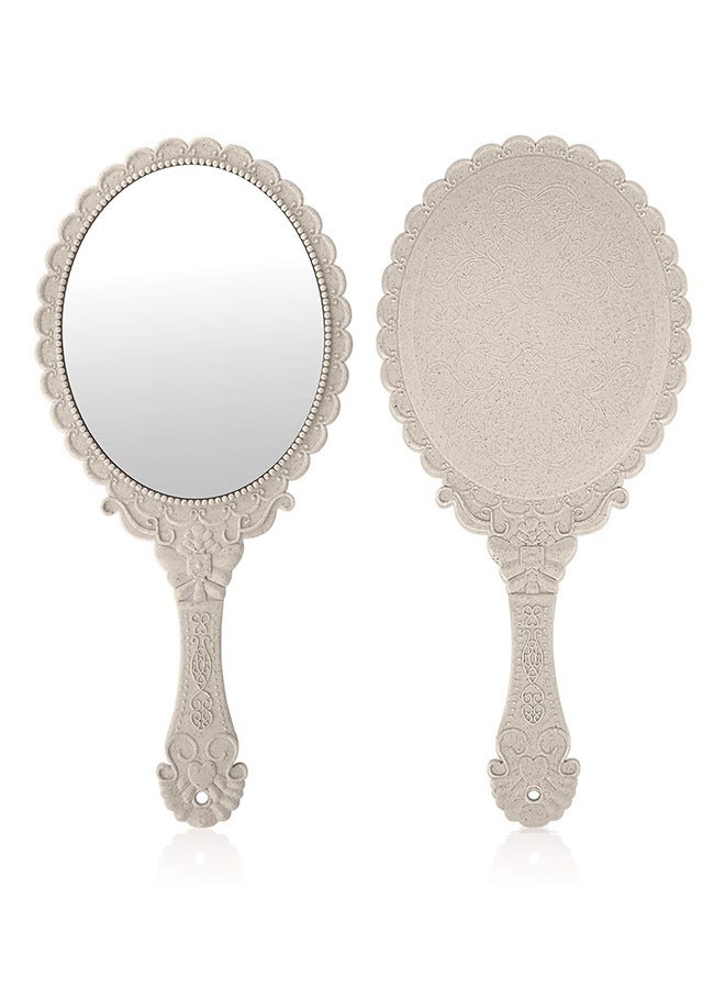 HY Handheld Mirror with Handle, Makeup Compact Hand Mirrors for Women Travel Small Vintage Purse Mirrors, Hand Held Packet Mini Mirrors for Girls Decorative Embossed Flower (Ivory White) - Image 1