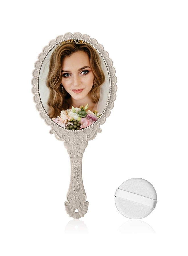 HY Handheld Mirror with Handle, Makeup Compact Hand Mirrors for Women Travel Small Vintage Purse Mirrors, Hand Held Packet Mini Mirrors for Girls Decorative Embossed Flower (Ivory White) - Image 3