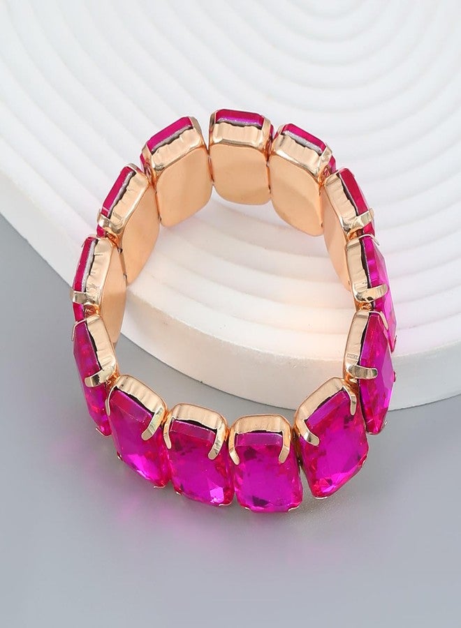 Xerling Wedding Square Crystal Stretch Bracelets Bridal Rose Red Rhinestones Bangle Bracelets Sparkle Elastic Hand Chain Jewelry for Women (Rose Red) - Image 5
