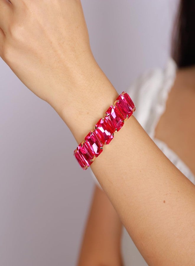 Xerling Wedding Square Crystal Stretch Bracelets Bridal Rose Red Rhinestones Bangle Bracelets Sparkle Elastic Hand Chain Jewelry for Women (Rose Red) - Image 4
