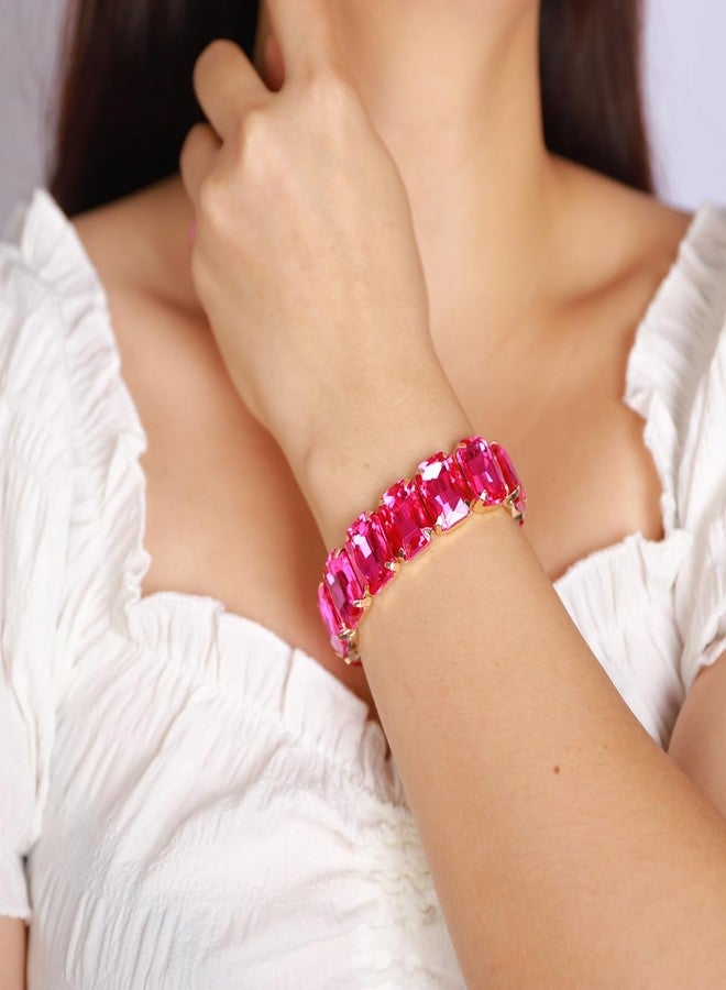 Xerling Wedding Square Crystal Stretch Bracelets Bridal Rose Red Rhinestones Bangle Bracelets Sparkle Elastic Hand Chain Jewelry for Women (Rose Red) - Image 3