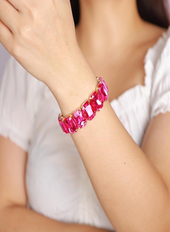 Xerling Wedding Square Crystal Stretch Bracelets Bridal Rose Red Rhinestones Bangle Bracelets Sparkle Elastic Hand Chain Jewelry for Women (Rose Red) - Image 2