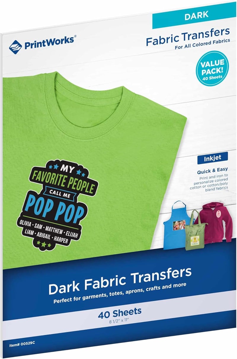 PrintWorks Iron on Heat Transfer Paper for Inkjet Printer - Printable Heat Transfer Vinyl for Dark Fabric (Printable HTV) - 8.5" x 11" - 40 Sheets - Made in The USA - Iron on Vinyl (00529C) - Image 1