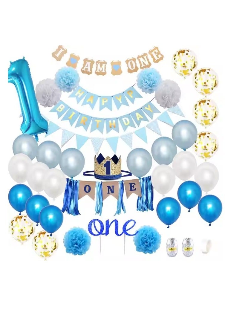 إسكدنيا Luxury Baby 1-year-old Balloon Set，Blue Balloon Garland Arch Kit 26 Pieces,Happy Birthday Triangle Pull Flag Birthday Decoration - Image 2