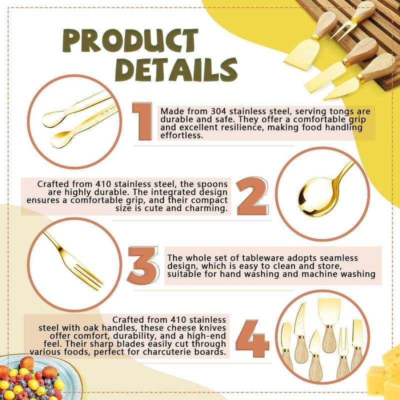 Mlurcu Charcuterie Boards Accessories Gold Charcuterie Utensils Cheese Butter Spreader Knife Set with Wooden Handles Small Serving Tongs Mini Forks and Spoons Flags Toothpick for Party Platter Appetizers - Image 3