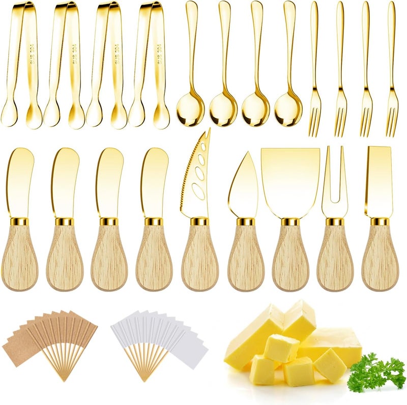 Mlurcu Charcuterie Boards Accessories Gold Charcuterie Utensils Cheese Butter Spreader Knife Set with Wooden Handles Small Serving Tongs Mini Forks and Spoons Flags Toothpick for Party Platter Appetizers - Image 1
