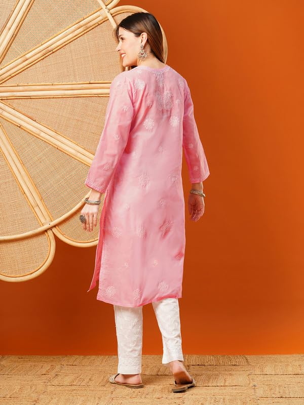 Ada Hand Embroidered Lucknowi Chikankari Cotton Kurti Kurta for Women A411611 Pink (M) - Image 2