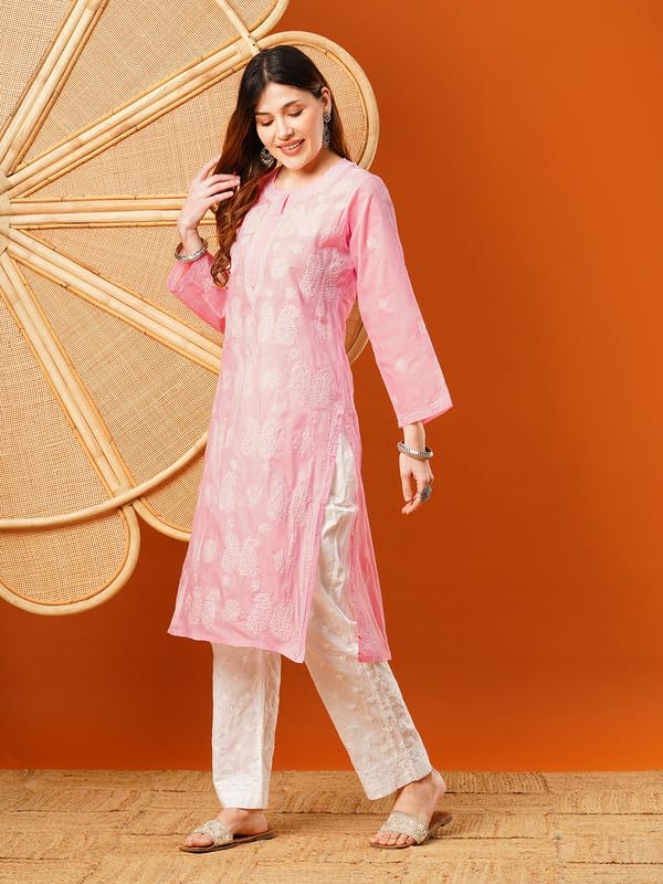 Ada Hand Embroidered Lucknowi Chikankari Cotton Kurti Kurta for Women A411611 Pink (M) - Image 4