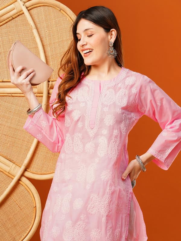 Ada Hand Embroidered Lucknowi Chikankari Cotton Kurti Kurta for Women A411611 Pink (M) - Image 5