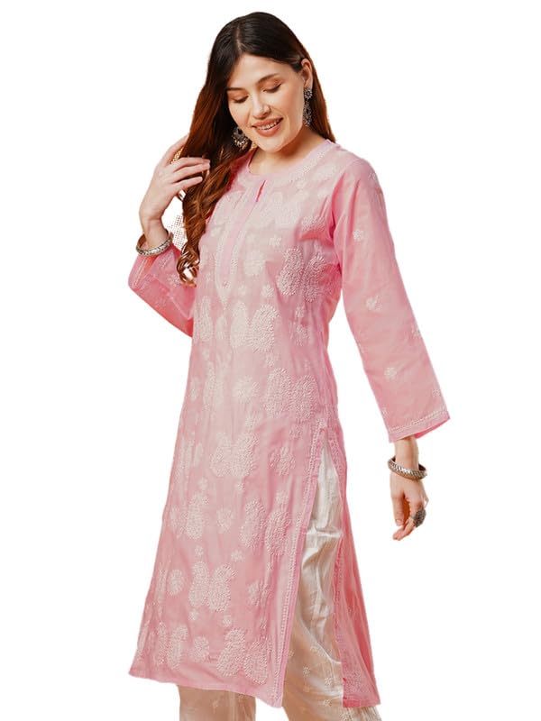 Ada Hand Embroidered Lucknowi Chikankari Cotton Kurti Kurta for Women A411611 Pink (M) - Image 1