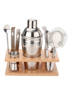 NIBEMINENT 8-Piece Cocktail Shaker With Wood Stand Bar Set Silver 550ml  - Image 1