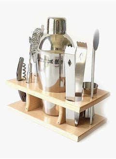 NIBEMINENT 8-Piece Cocktail Shaker With Wood Stand Bar Set Silver 550ml  - Image 2