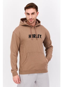 Men Brand Logo Long Sleeves Hooded Sweatshirt, Tan