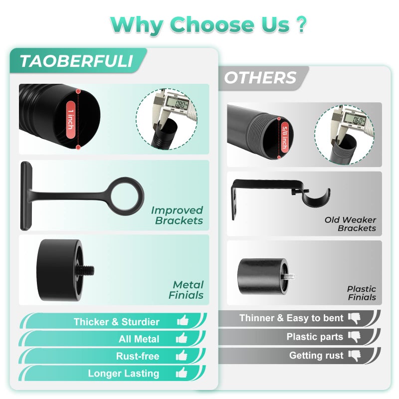 Taoberfuli Extra Long Curtain Rods for Windows 120" to 240", 1 Inch Matte Black Drapery Rod For Bedroom Living Room Divider Adjustable Heavy Duty Outdoor Curtain Rod for Patio Cap Finials - Image 4