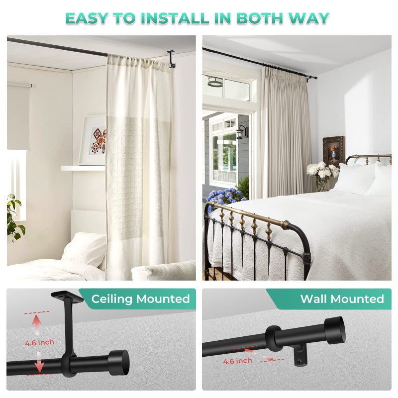 Taoberfuli Extra Long Curtain Rods for Windows 120" to 240", 1 Inch Matte Black Drapery Rod For Bedroom Living Room Divider Adjustable Heavy Duty Outdoor Curtain Rod for Patio Cap Finials - Image 5