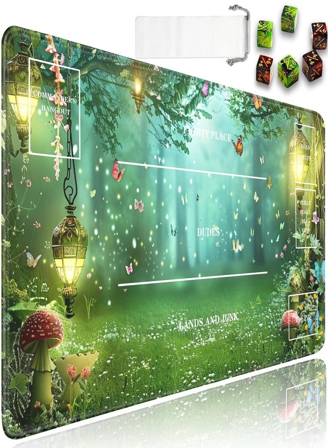 JVGFYNKL بساط لعب MTG، مقاس 24 × 14 بوصة، بساط لعب TCG مع مناطق، بساط لعب لألعاب بطاقات التداول مع حقيبة تخزين و6 نرد، ملحقات بطاقات بساط طاولة MTG، بنمط الغابة الخضراء السحرية - Image 1