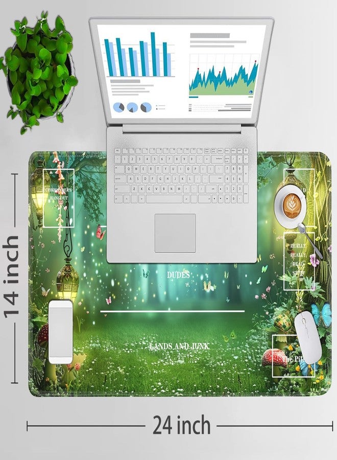 JVGFYNKL بساط لعب MTG، مقاس 24 × 14 بوصة، بساط لعب TCG مع مناطق، بساط لعب لألعاب بطاقات التداول مع حقيبة تخزين و6 نرد، ملحقات بطاقات بساط طاولة MTG، بنمط الغابة الخضراء السحرية - Image 2