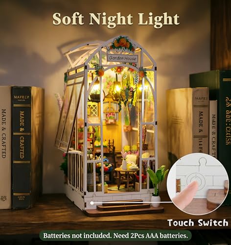 Fimeetoy Book Nook Kit for Adults Miniature House Kit Doll House DIY Crafts for Adult Teen Tiny House Bookshelf Decor with LED Light 3D Puzzle Book Ends Garden House Birthday Gift for Women Friends - Image 5