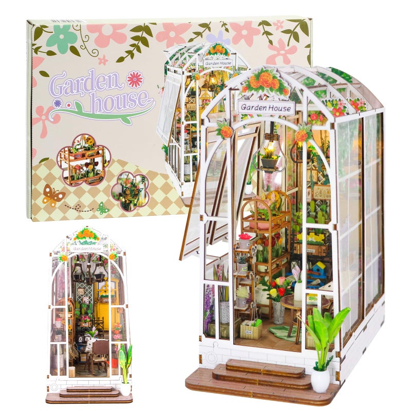 Fimeetoy Book Nook Kit for Adults Miniature House Kit Doll House DIY Crafts for Adult Teen Tiny House Bookshelf Decor with LED Light 3D Puzzle Book Ends Garden House Birthday Gift for Women Friends - Image 3