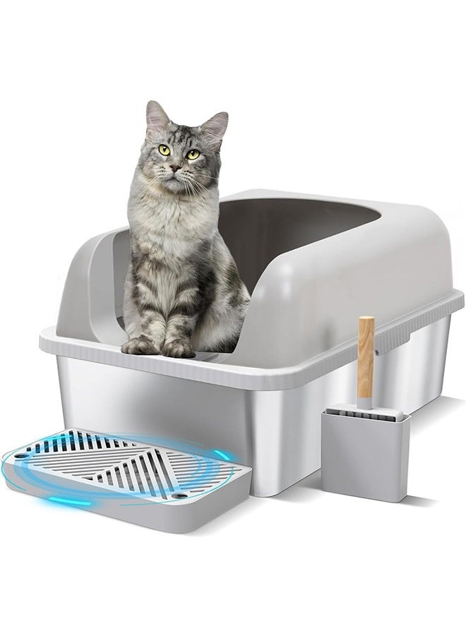 Garlo Stainless Steel Cat Litter Box Metal Extra Large Cat Litter Tray for Big Cats Litter Pan Toilet High Enclosed Sides Pet Litter Box with Footboard & Scoop, Old and Short-Legged Cat Friendly  - Image 1