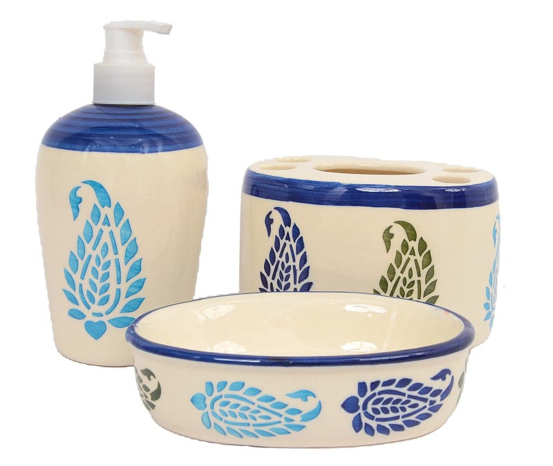 Skywalk Hand Painted Ceramic Bathroom Set of 3 Pcs - Liquid Soap Dispenser, Soap Dish and Brush Holder for Bathroom Décor and Home Gift Set SWKA-1221