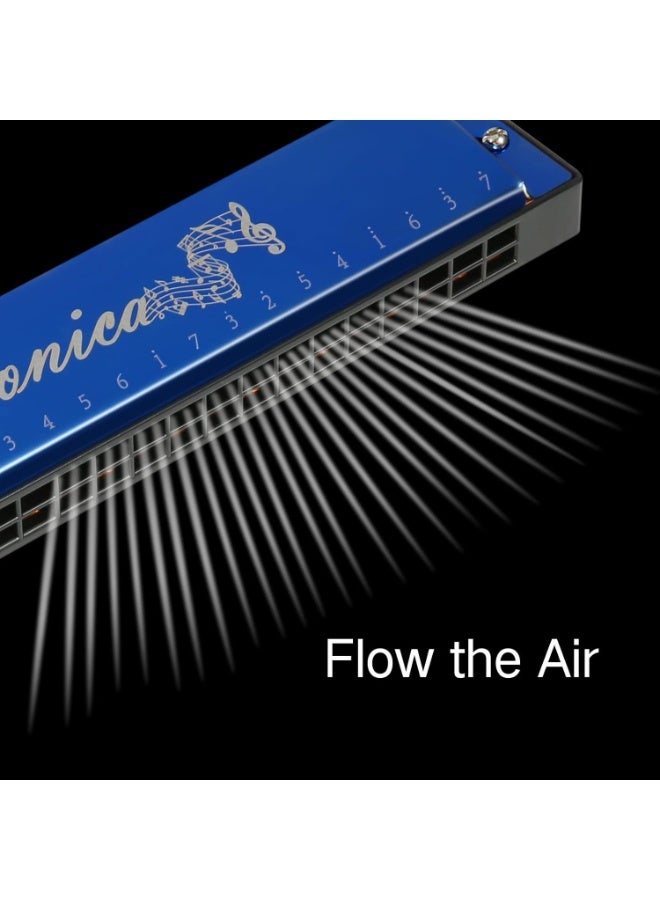 إيونتو هارمونيكا فاخرة ذات 24 ثقبًا في سلم دو الكبير - آلة نفخية ذات 20 نغمة للمبتدئين والأطفال والكبار، موسيقى البلوز، للعزف الاحترافي، تتضمن حقيبة وقطعة قماش للتنظيف (أزرق) - Image 4