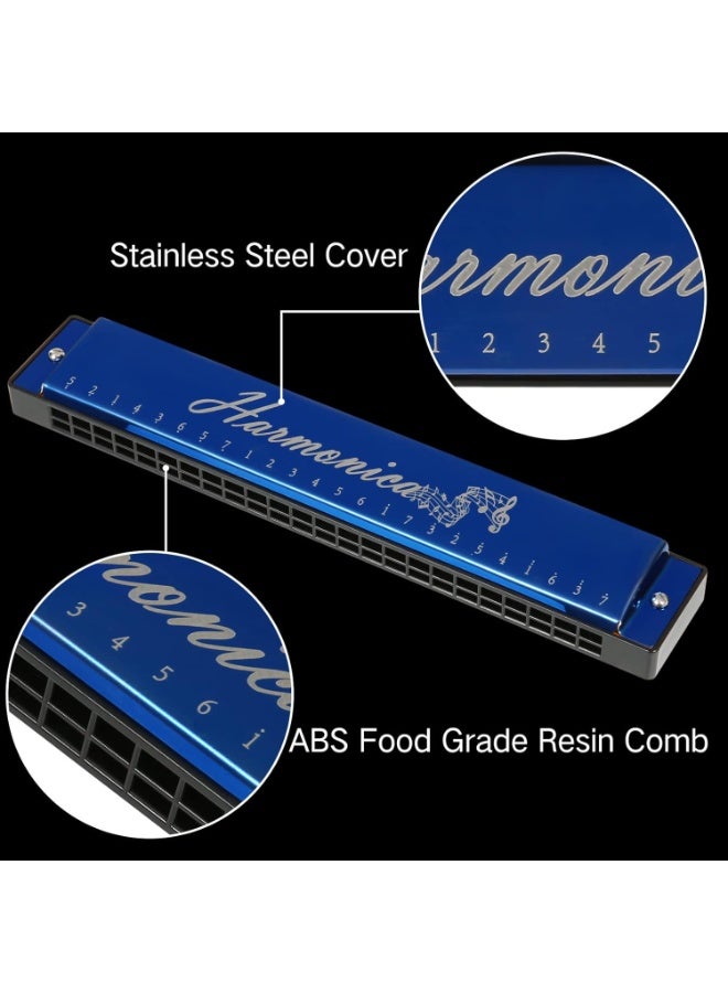 إيونتو هارمونيكا فاخرة ذات 24 ثقبًا في سلم دو الكبير - آلة نفخية ذات 20 نغمة للمبتدئين والأطفال والكبار، موسيقى البلوز، للعزف الاحترافي، تتضمن حقيبة وقطعة قماش للتنظيف (أزرق) - Image 3