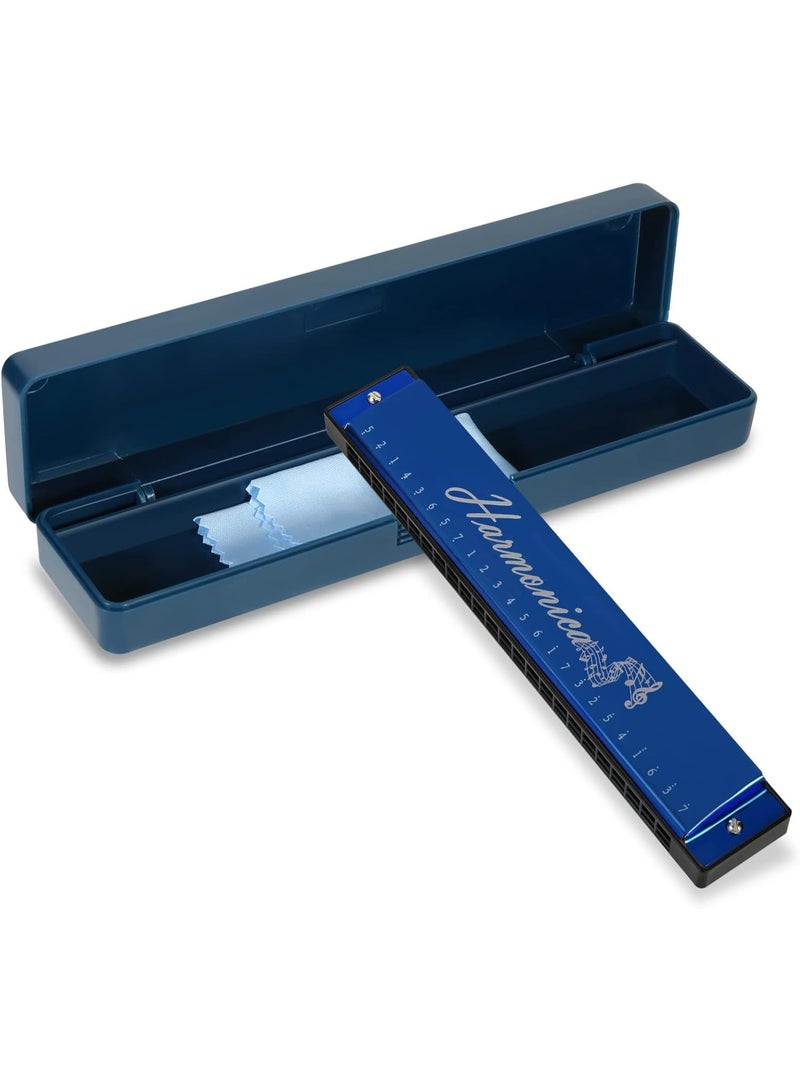 إيونتو هارمونيكا فاخرة ذات 24 ثقبًا في سلم دو الكبير - آلة نفخية ذات 20 نغمة للمبتدئين والأطفال والكبار، موسيقى البلوز، للعزف الاحترافي، تتضمن حقيبة وقطعة قماش للتنظيف (أزرق) - Image 1