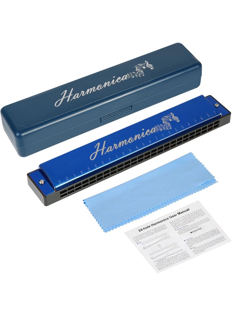 إيونتو هارمونيكا فاخرة ذات 24 ثقبًا في سلم دو الكبير - آلة نفخية ذات 20 نغمة للمبتدئين والأطفال والكبار، موسيقى البلوز، للعزف الاحترافي، تتضمن حقيبة وقطعة قماش للتنظيف (أزرق) - Image 5