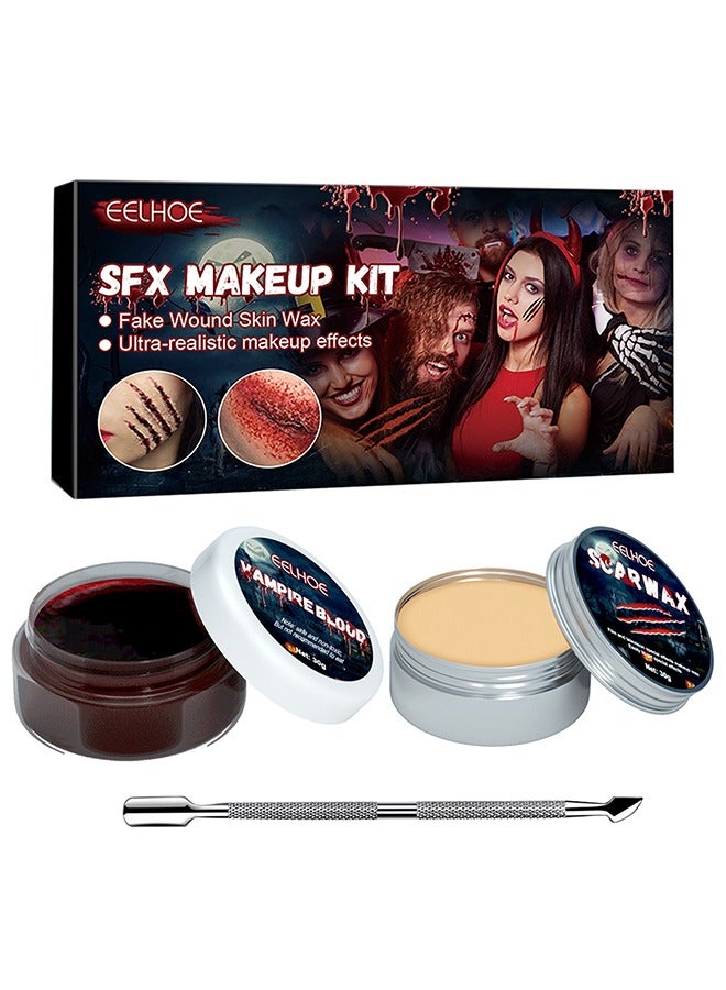 EELHOE Sfx Makeup Kit,Scars Wax,Spatula, Stipple Sponge,Scar Water,Create Wound Special Effects Makeup Kit,Make Specail Effects For Halloween Festival & Party  - Image 1