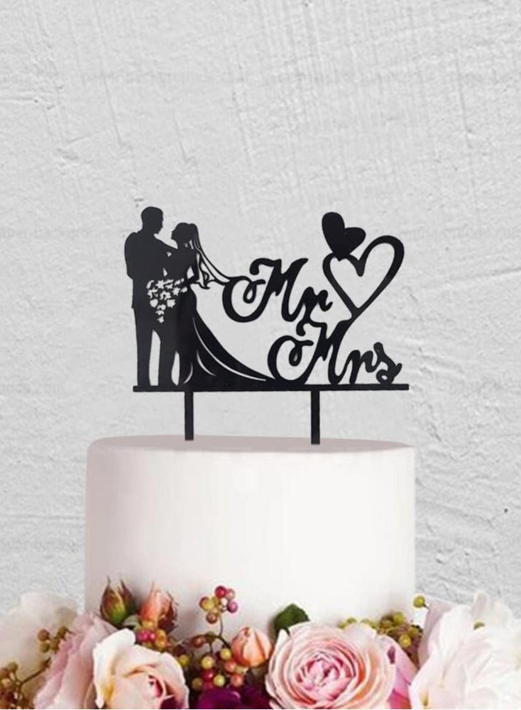 TPGP Wedding Cake Toppers Bride and Groom, Bride and Groom Cake Toppers, Personalised Wedding Cake Topper, Mr and Mrs Cake Toppers, for Wedding Engagement Acrylic Black Wood (Acrylic Black) - Image 1