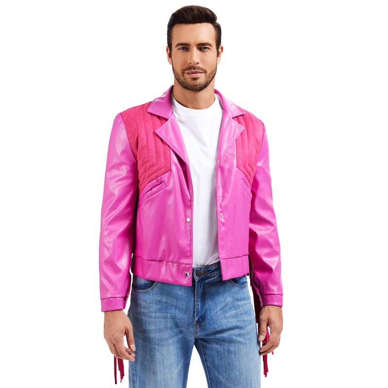 MRYUWB Halloween Cosplay Western Cowboy Jacket - Menâ€™s Faux Leather Fringe Costume, Pink Cowboy Fringe Jacket for Themed Parties (Pink, Large) - Image 1