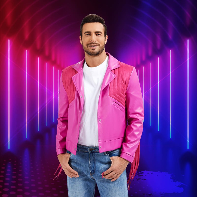 MRYUWB Halloween Cosplay Western Cowboy Jacket - Menâ€™s Faux Leather Fringe Costume, Pink Cowboy Fringe Jacket for Themed Parties (Pink, Large) - Image 4