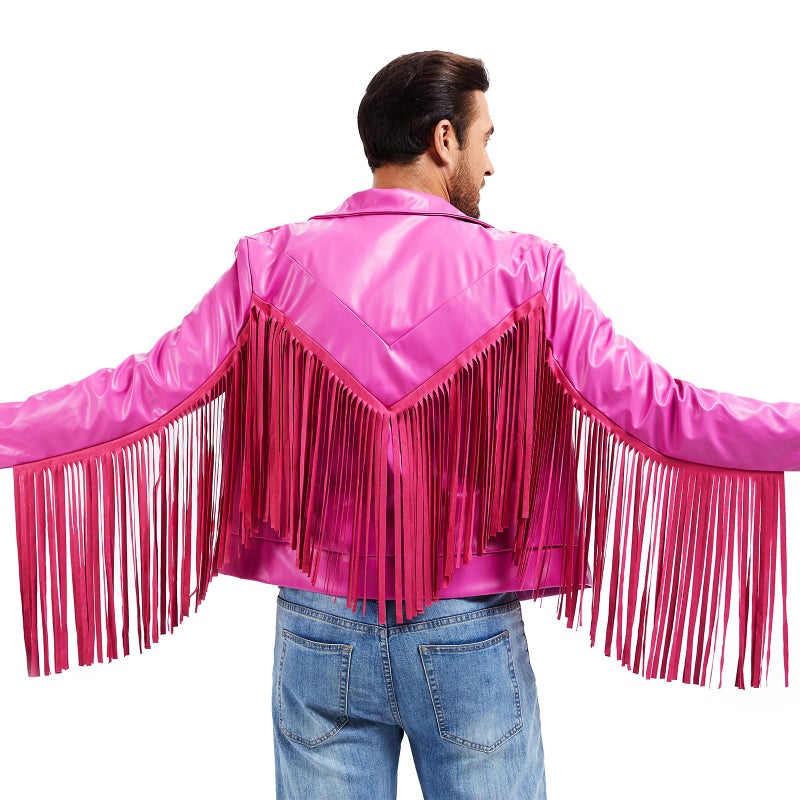 MRYUWB Halloween Cosplay Western Cowboy Jacket - Menâ€™s Faux Leather Fringe Costume, Pink Cowboy Fringe Jacket for Themed Parties (Pink, Large) - Image 2