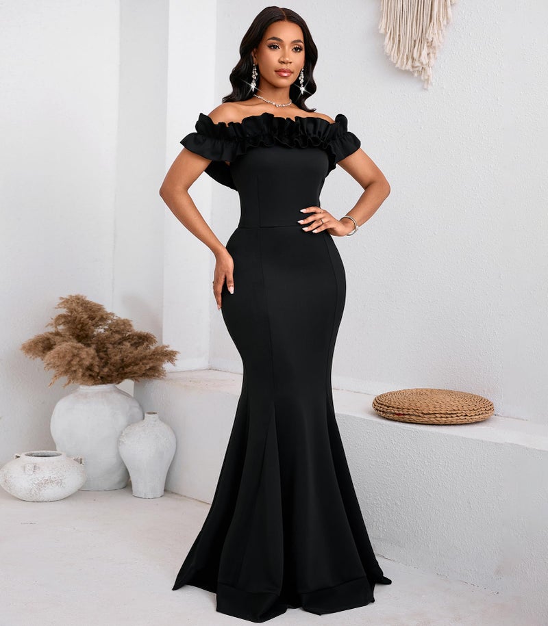 Cololura Sexy Floor-Length Off Shoulder Ruffles Stringy Selvedge Mermaid Bodycon Party Evening Maxi Dress Black - Image 2