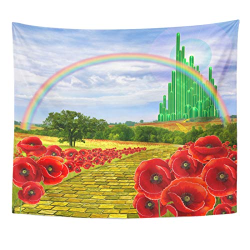 Emvency Tapestry Field Yellow Brick Road Backdrop Leading to Emerald Wizard City Flowers Party Follow Home Decor Wall Hanging for Living Room Bedroom Dorm 60x80 Inches - Image 1
