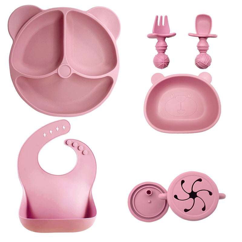 Silicone Baby Dining Set Soft Bib Bowl Spoon7 pieces of deep powder-bear plate bear head bowl 2 in 1 cup bib short fork spoon 7 pieces of deep powder-bear plate bear head bowl 2 in 1 cup bib short fork spoon
