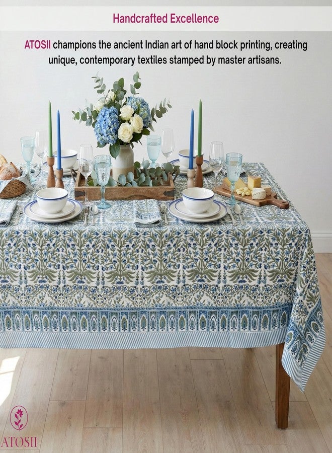 ATOSII Nargis Blue 100% Cotton Rectangle Summer Tablecloth, Indian Block Print Floral Table Cloth I Dining Parties Weddings Outdoors Holidays 60 X 90 Inches 6 Seater I Grandmillennial Farmhouse Boho - Image 3
