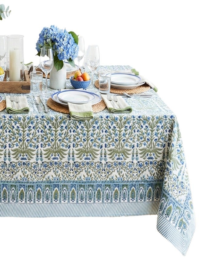 ATOSII Nargis Blue 100% Cotton Rectangle Summer Tablecloth, Indian Block Print Floral Table Cloth I Dining Parties Weddings Outdoors Holidays 60 X 90 Inches 6 Seater I Grandmillennial Farmhouse Boho - Image 1