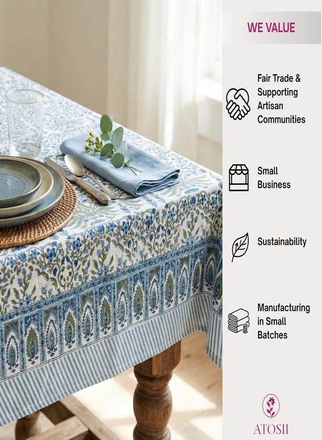 ATOSII Nargis Blue 100% Cotton Rectangle Summer Tablecloth, Indian Block Print Floral Table Cloth I Dining Parties Weddings Outdoors Holidays 60 X 90 Inches 6 Seater I Grandmillennial Farmhouse Boho - Image 4