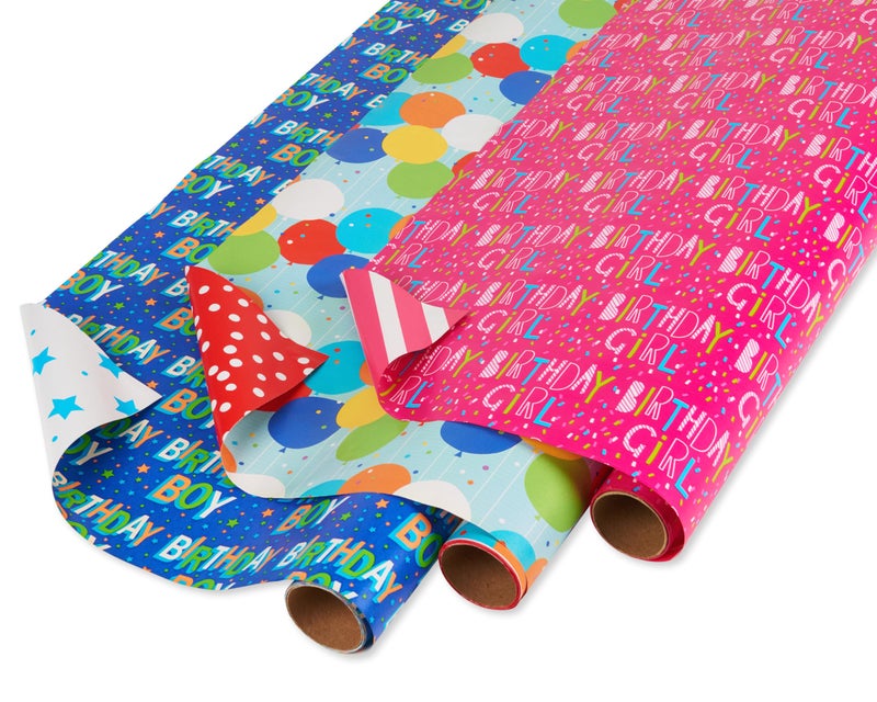 American Greetings Reversible Birthday Wrapping Paper Stars Polka Dots and Balloons 3 Pack 120 sq ft