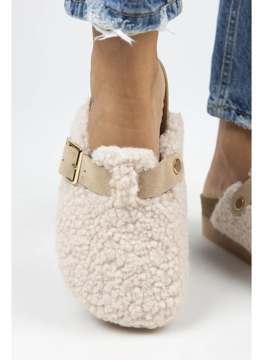 Manijero Juno Women's Textile Fur Leather Belted Buckle Beige Slippers