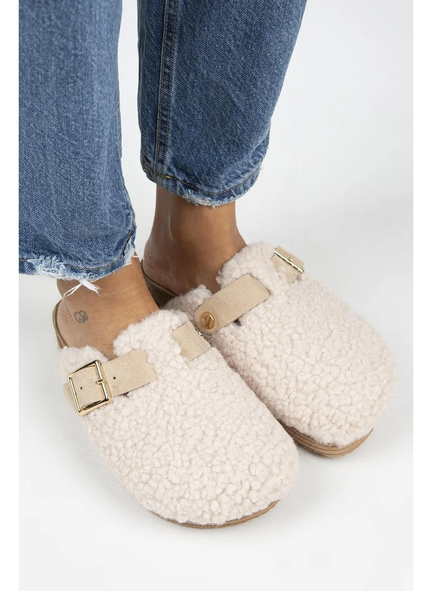 Manijero Juno Women's Textile Fur Leather Belted Buckle Beige Slippers