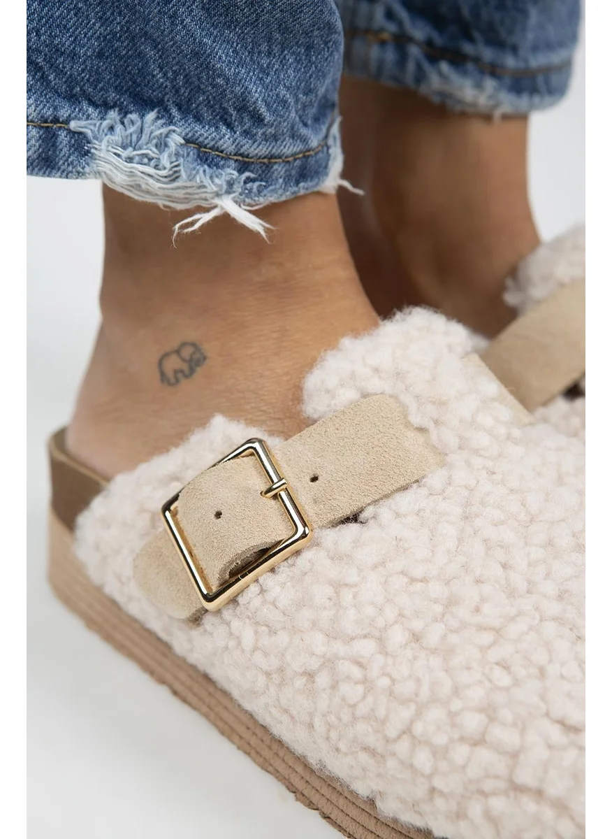 Manijero Juno Women's Textile Fur Leather Belted Buckle Beige Slippers