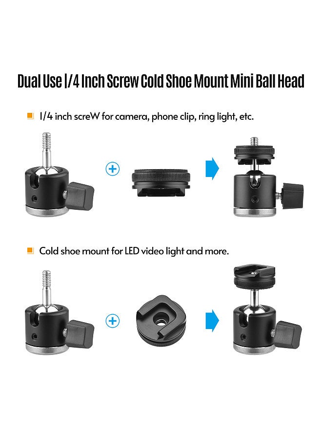 2-in-1 1/4 Screw Cold Shoe Mount Ball Head 360° Rotatable Dual Use Mini Ball Head Aluminum Alloy Ball Head for Camera Phone Holder Tripod Video Light  - Image 5