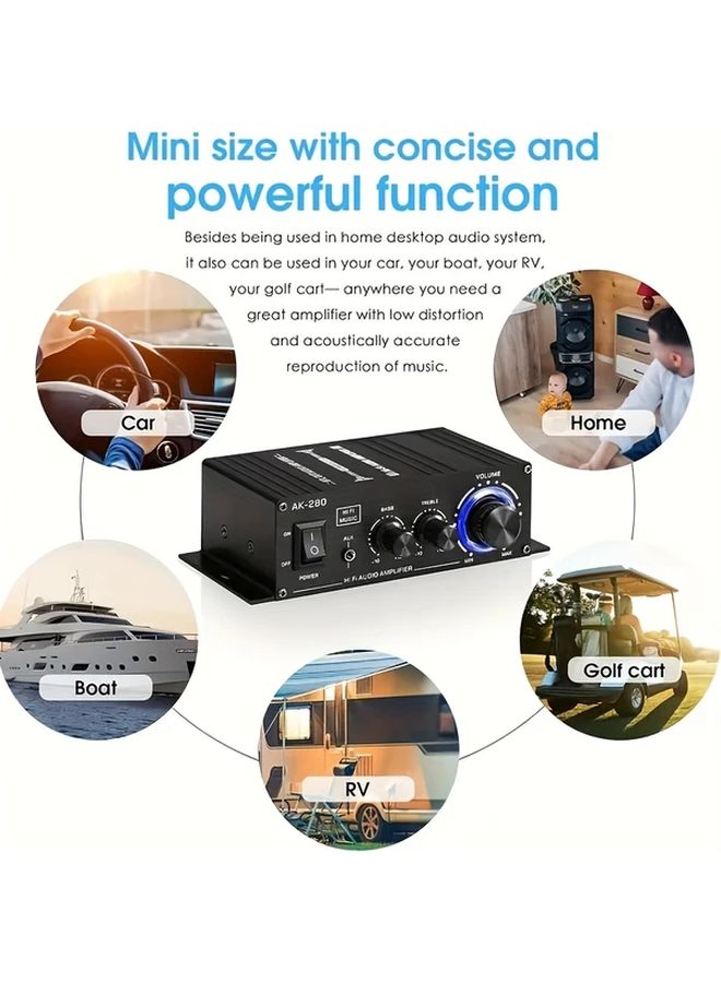 AK 280 600W مضخم صوت ستيريو ميني ثنائي القنوات مع تحكم في البيس والتربل لمكبرات صوت المنزل والكمبيوتر والتلفزيون - Image 4