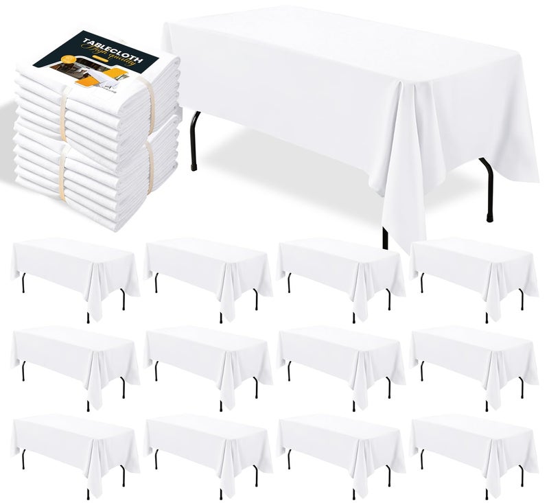 BIGTONE 12 Pack White Rectangle Tablecloth 60 x 102 Inch, Cross Ribbon Packing Reusable Table Clothes for 6 Foot Tables, Wrinkle Resistant Polyester Fabric Table Cover for Wedding, Party, Banquet - Image 1