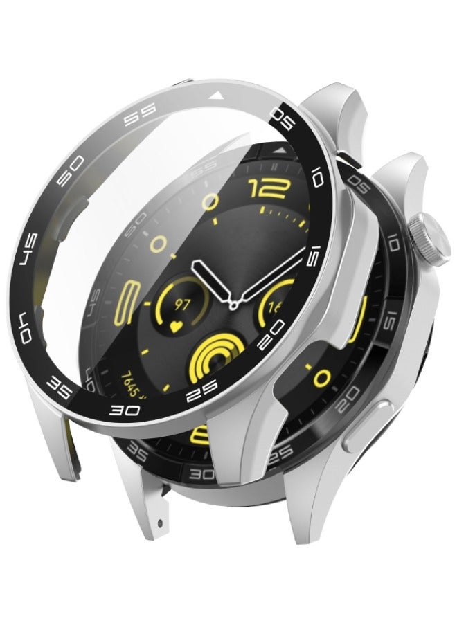 HUAWEI WATCH GT 4 46mm Case with 9H Tempered Glass Screen Protector, Unique Design Hard PC Waterproof Cover, Touch Sensitive Full Coverage Accessories with Scale for Huawei Watch GT4 46mm （Sliver) - Image 1