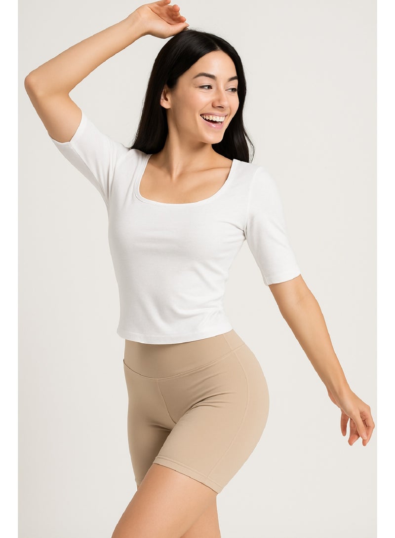 MANIKAN Square Neck Crop Top with 3/4 Sleeves and High-Cut Brief Set, Four-Way Stretch - Image 5